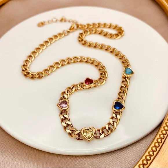 Fabulous Cuban Link Studded Colorful Hearts CZ Necklace in Gold - Picture 5 of 9